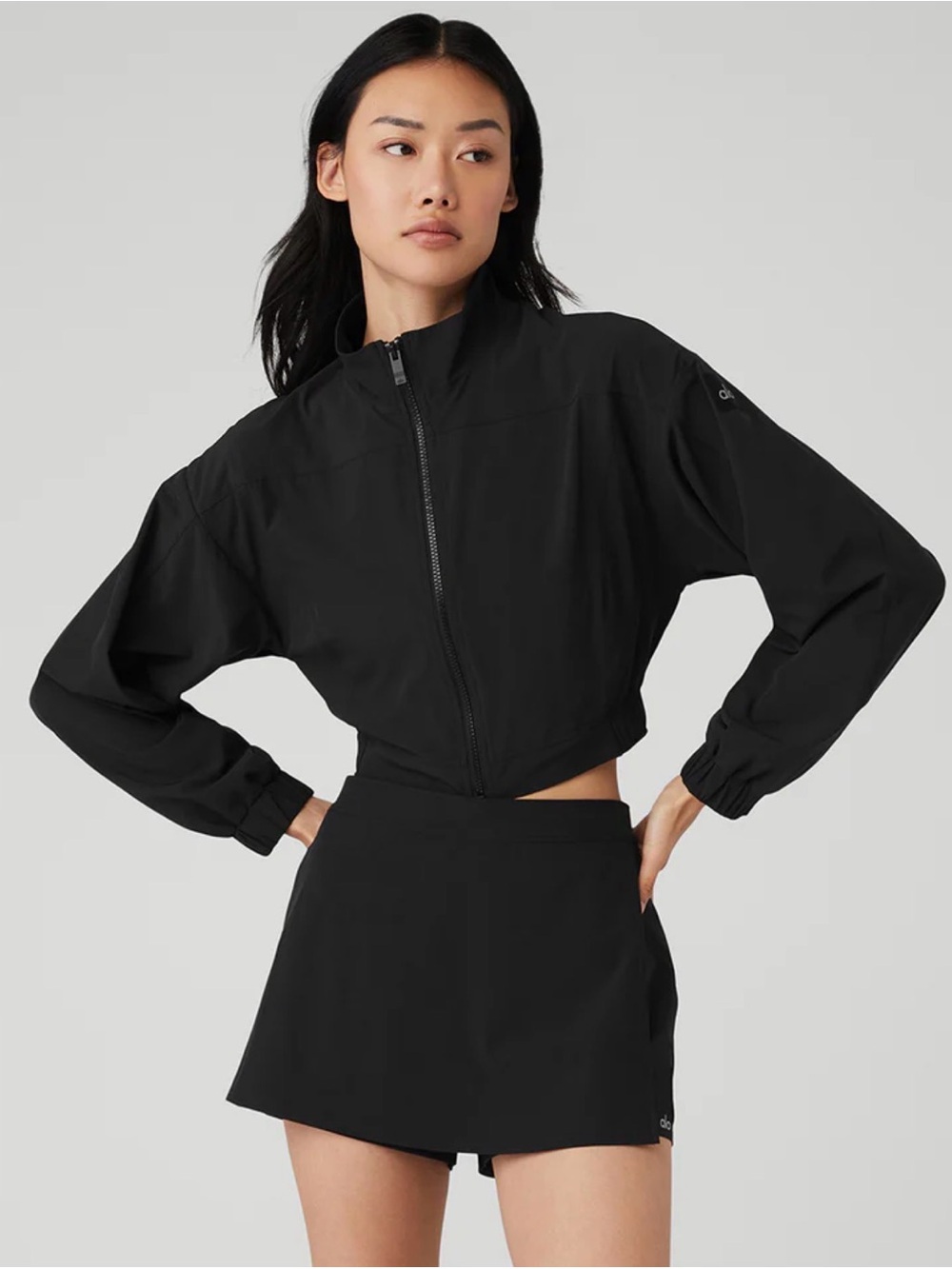 ALO Yoga Black Cropped Zip Bomber Jacket